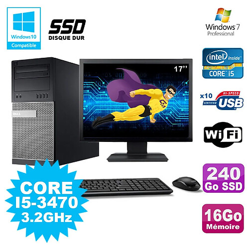 Lot PC Tour Dell 790 I5-3470 3.2Ghz 16Go 240Go SSD DVD WIFI Win 7 + Ecran 17" · Occasion