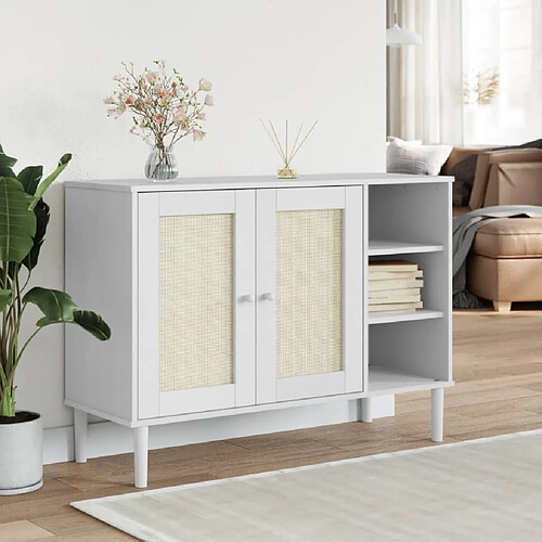 Buffet commode,console pour rangement SENJA aspect rotin blanc 112x40x80cm bois massif de pin -MN34772