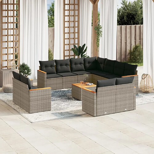 vidaXL Salon de jardin avec coussins 12 pcs gris résine tressée