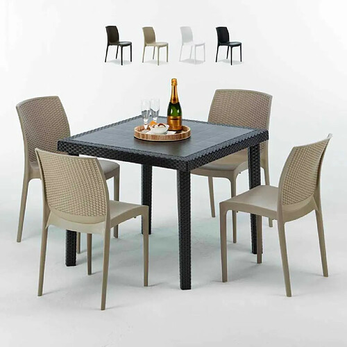 Table Carrée Noire 90x90cm Avec 4 Chaises Colorées Grand Soleil Set Extérieur Bar Café Boheme PASSION, Couleur: Beige