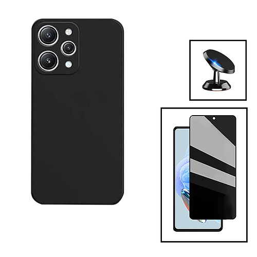 PHONECARE Kit Film Verre Trempé 5D Anti-Spy + Coque Silicone Liquide + Support Magnétique de Voiture pour Xiaomi Redmi 12 5G - Noir