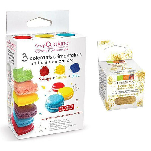 Scrapcooking 3 colorants alimentaires en poudre jaune-rouge-bleu + paillettes dorées