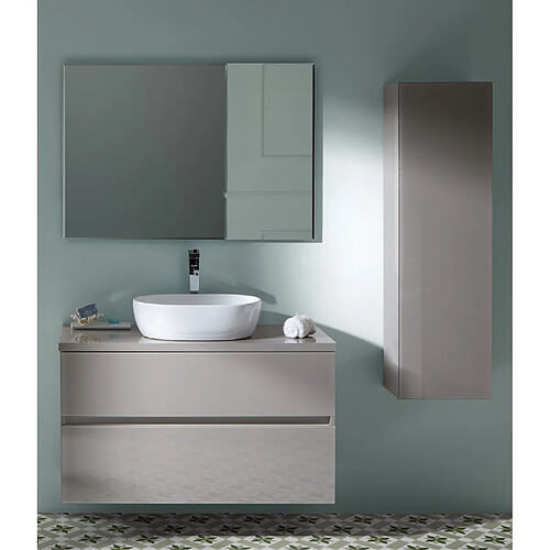 Pegane Ensemble de salle de bain coloris taupe avec vasque à poser + miroir + colonne - Longueur meuble 80 x Profondeur 46 x Hauteur 56 cm