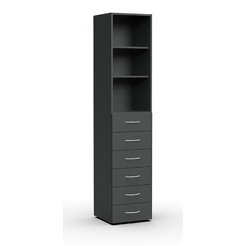 Pegane Armoire, meuble de rangement avec 2 étagères et 6 tiroirs coloris Graphite - longueur 40 x hauteur 185 x profondeur 40 cm