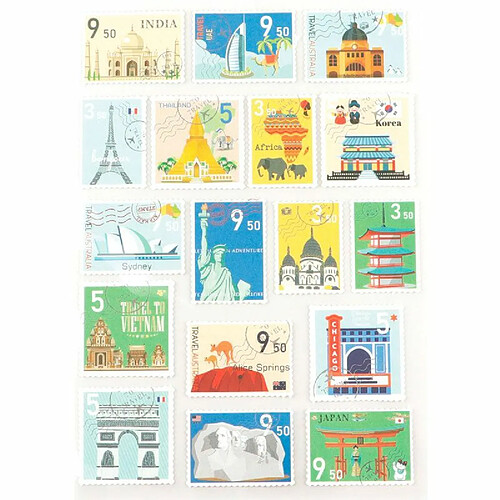 Graines Creatives 51 stickers en forme de timbres - pays 3 cm