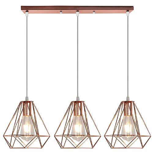 Stoex Ø20CM Plafonnier Rétro Or Rose Lustre Vintage 3 Lumières Lampes Suspendues Industrielles Suspension Luminaire Diamant Abat-Jour en Fer en Métal