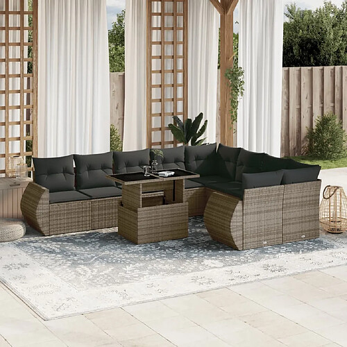 vidaXL Salon de jardin avec coussins 10 pcs gris résine tressée