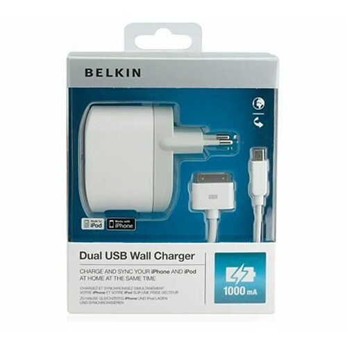 Seven 7 Belkin - F8Z597cw03 - Chargeur secteur avec double USB pour iPod / iPhone - Blanc Câble iPod