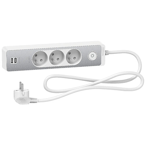 Schneider Electric Bloc multiprises 3 Prises 2P+T et 2 USB (câble 1,5m) Blanc et Aluminium - Schneider