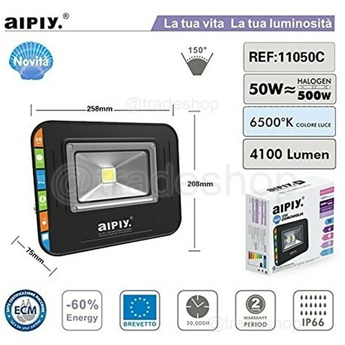 Tradex LED IP65 LUMIÈRE FROIDE EXTÉRIEUR 50W SORTIE 500W HAUTE LUMINOSITÉ