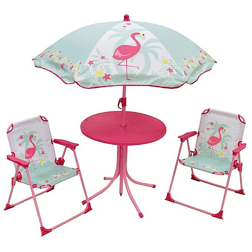 Jemini Set de Jardin Flamant Rose 4 Pièces 2 chaises Table et parasol