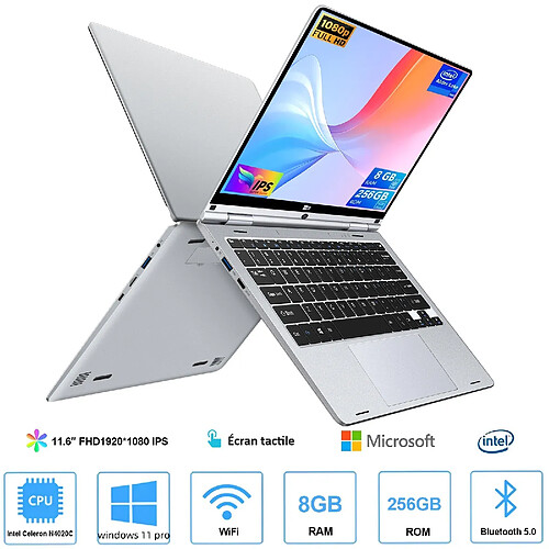 VANWIN PC Portable 8Go RAM+256Go SSD rotation 360°, écran tactile, ordinateur portable 11,6 pouces Windows 11pro 1920*1080 FHD+ WiFi6 Bluetooth5.0 laptop clavier AZERTY-Argent