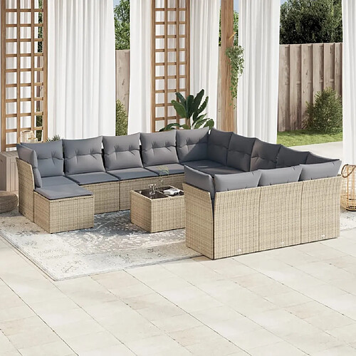 vidaXL Salon de jardin avec coussins 13 pcs beige résine tressée