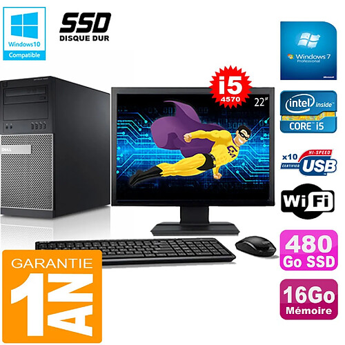 PC Tour DELL 9020 Core I5-4570 Ram 16Go Disque 480 Go SSD Wifi W7 Ecran 22" · Occasion