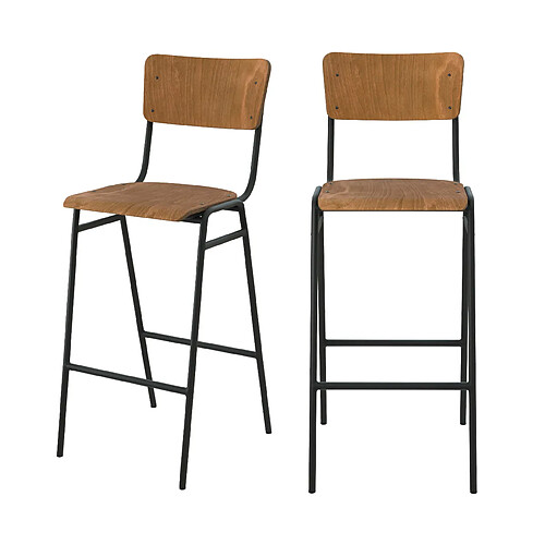 Rendez Vous Deco Chaise de bar écolier Clem en bois foncé 75 cm (lot de 2)