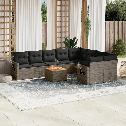 vidaXL Salon de jardin avec coussins 10 pcs gris résine tressée