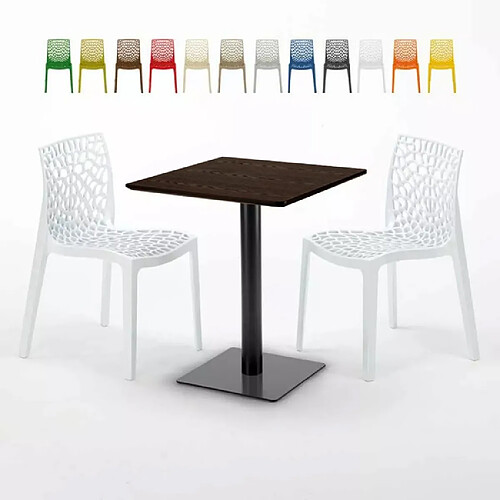 Grand Soleil Table carrée 60x60 pied noir et surface bois avec 2 chaises colorées Gruvyer Kiss - Blanc