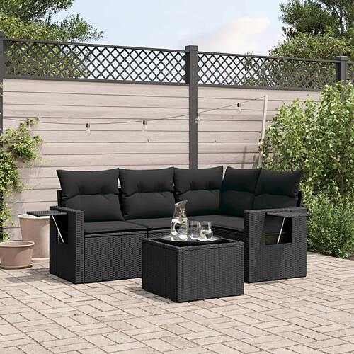 vidaXL Salon de jardin 5 pcs avec coussins noir résine tressée