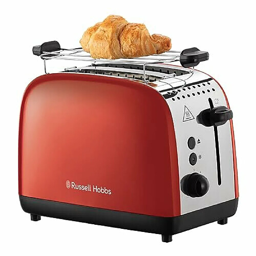 Russell Hobbs Grille pain [Pour 2 tranches] Colours Plus Inox rouge (fentes extra larges, 6 niveaux de brunissage rapide, surélévation et contrôle, décongélation, réchauffage, 1600W) Toaster 26554-56