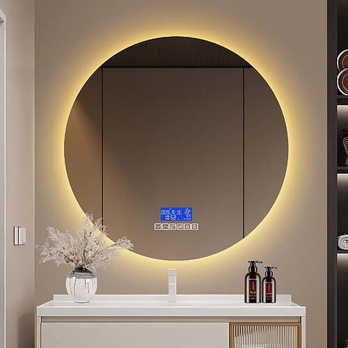 RAVAS Miroir rond salle-de-bain - 80cm - avec Bluetooth - affichage de la température - Anti-buée - réglage à 6 touches