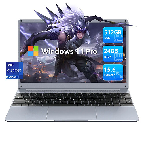 VANWIN PC portable 15.6'' Intel Core i3-5005U 24Go RAM+512Go SSD Windows 11 Pro 1920x1080IPS 5000mAh Batterie Rotation à 135° Bureautique Ordinateur portable-Gris