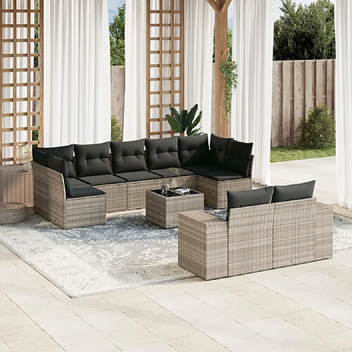 vidaXL Salon de jardin avec coussins 10 pcs gris clair résine tressée