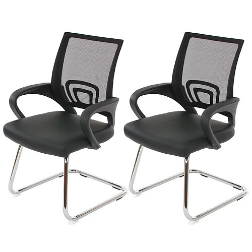 Decoshop26 2x fauteuils chaises de bureau sans roulettes chaise de conférence visiteur en synthétique et maille noir 04_0000180