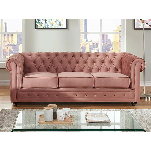 Vente-Unique Canapé 3 places CHESTERFIELD - Velours rose pastel