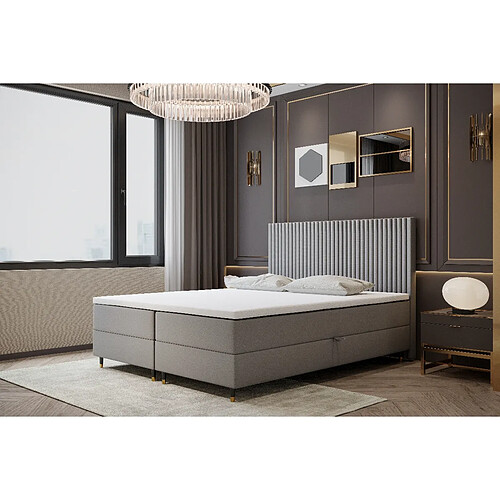 TRADA Lit double adulte ESTEPONA avec matelas, rangement et surmatelas 180x200 gris