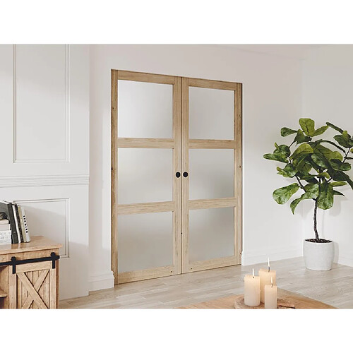 Vente-Unique Porte coulissante double avec système à galandage en bois et verre trempé dépoli - 3 fenêtres - 2 x H205 x L93 cm - ACOSTA II