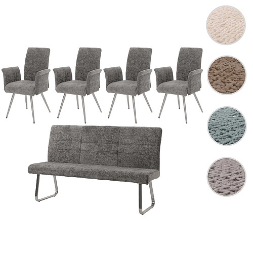 Mendler Set de salle à manger HWC-G55, set de 4 chaises avec accoudoirs+banc 180cm, inox brossé tissu/textile chenille ~ gris foncé