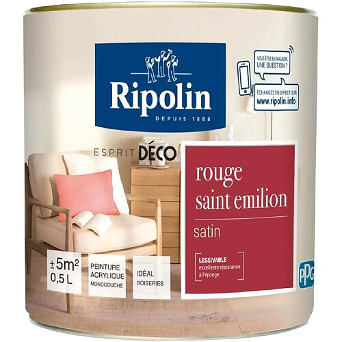 RIPOLIN Peinture murale toutes pieces, Ripolin - Rouge St Emilion Satin, 0,5L