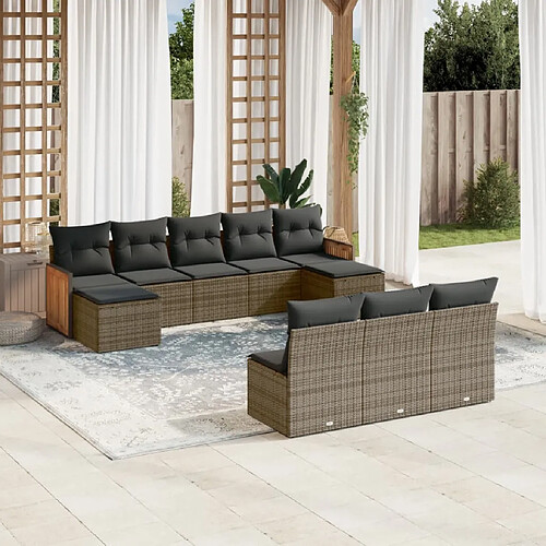 vidaXL Salon de jardin avec coussins 10 pcs gris résine tressée