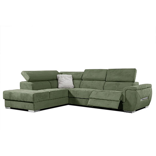 Courtois Laville Canapé d'angle gauche 5 places avec un relaxation tissu vert olive - Kelte