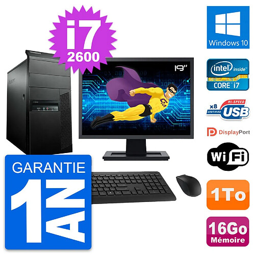 PC Tour Lenovo M91p Ecran 19" Core i7-2600 RAM 16Go Disque 1To Windows 10 Wifi · Occasion