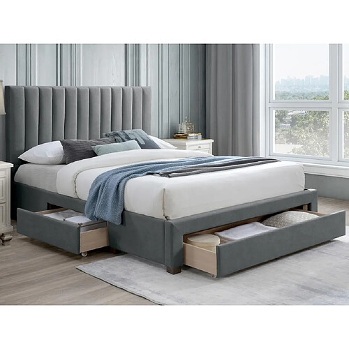 Vente-Unique Lit avec 3 tiroirs 140 x 200 cm - Tissu - Gris + Matelas - LIAKO