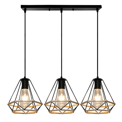 Stoex Lampe À Suspension en Corde de Chanvre 20CM Lustre Rétro en Diamant Noir, Plafonnier D'Intérieur À 3 Lumières Pour Chambre À Coucher Loft