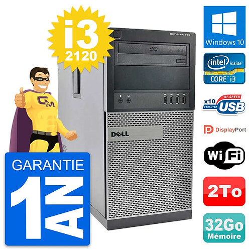 PC Tour Dell OptiPlex 990 Intel i3-2120 RAM 32Go Disque Dur 2To Windows 10 Wifi · Occasion