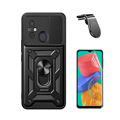 Kit Film de Hydrogel Étui Complète Devant + Coque Magnetic Military Defender Slide Window Anti-Impact + SuppOrt Magnétique L Safe Driving Voiture Phonecare pour Xiaomi Redmi 12C - Noir