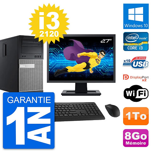 PC Tour Dell 9010 Ecran 27" Intel i3-2120 RAM 8Go Disque Dur 1To Windows 10 Wifi · Occasion