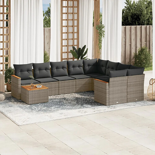 vidaXL Salon de jardin avec coussins 10 pcs gris résine tressée