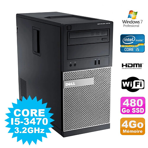 PC Tour DELL Optiplex 3010 MT Intel I5-3470 Graveur 4Go 480Go SSD HDMI Wifi W7 · Occasion