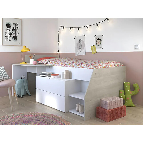 Vente-Unique Lit avec bureau et rangements - 90 x 200 cm - Blanc et naturel + Sommier - GISELE