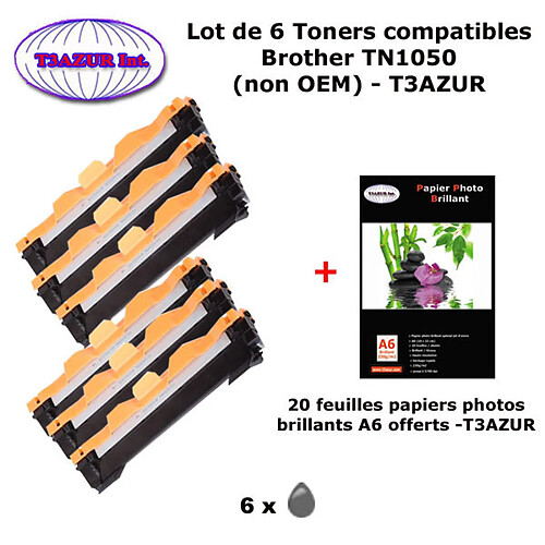 T3AZUR - 6 Toners génériques TN-1050 pour BROTHER DCP-1610W DCP-1612W MFC-1910W MFC-1911 HL-1110+20f A6 brillantes