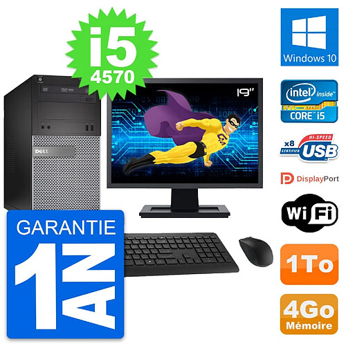 PC Tour Dell OptiPlex 3020 Ecran 19" i5-4570 RAM 4Go Disque 1To Windows 10 Wifi · Occasion