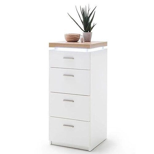 Pegane Commode de rangement coloris blanc /chêne + LED - Longueur 42 x Hauteur 98 x Profondeur 44 cm