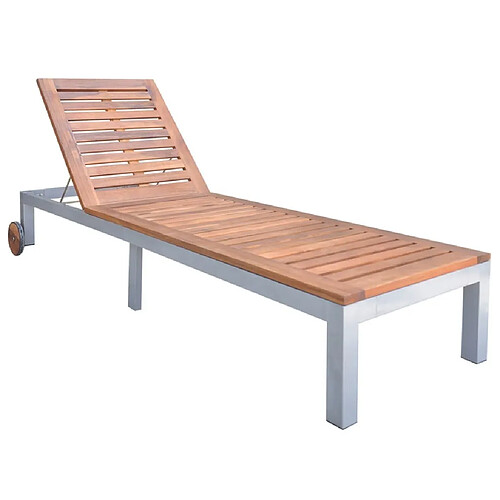 Helloshop26 Transat chaise longue bain de soleil lit de jardin terrasse meuble d'extérieur avec coussin bois d'acacia et acier galvanisé 02_0012314