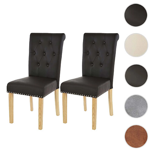 Mendler Lot de 2 chaises de salle à manger Chesterfield II av rivets ~ similicuir brun foncé, pieds clairs