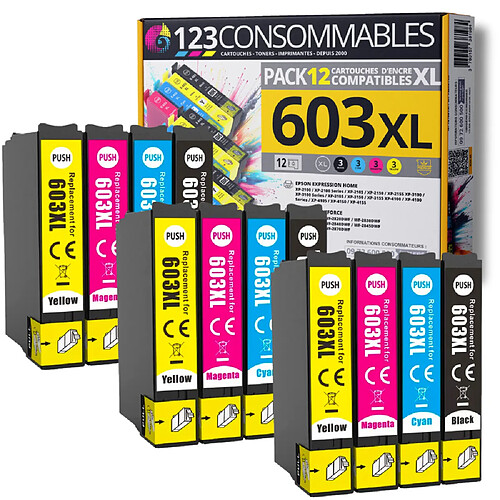 123CONSOMMABLES - 603XL - Pack de 12 Cartouches d'encre Compatible pour Epson 603 XL Etoile de Mer - pour Epson XP-2100 XP-2155 XP-3100 XP-4100 WF-2820 WF-2830 DWF WF-2870 WF-2835 WF-2850