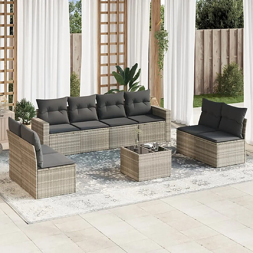 vidaXL Salon de jardin 9 pcs avec coussins gris clair résine tressée